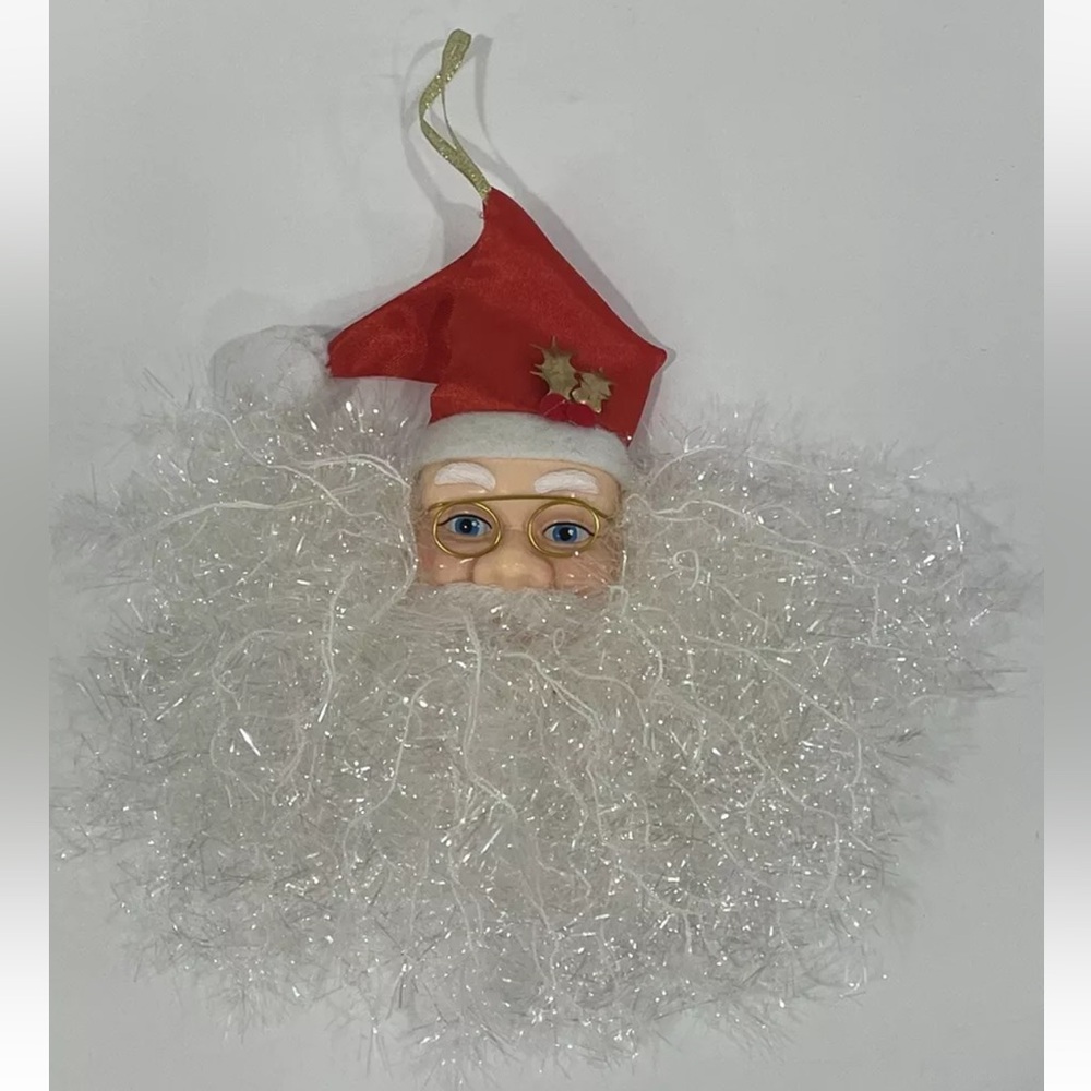 Vintage Santa Head Christmas Ornament Plastic Face Curly Garland Beard 10”